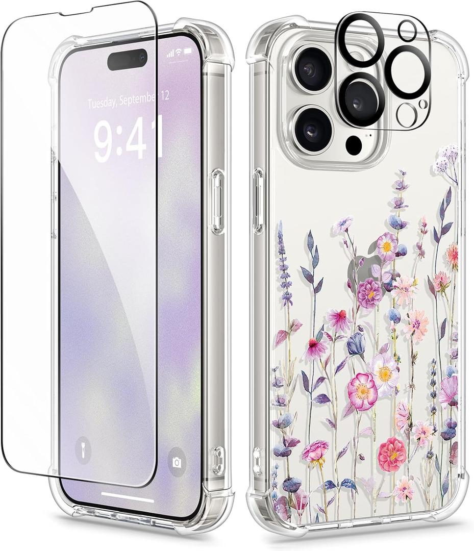 GVIEWIN for iPhone 15 Pro Case, [3 in 1] with Screen Protector & Camera Lens Protector, Clear Hard Shockproof Slim Fit Floral Phone Cover for Women Girls 2023 6.1" (Floratopia/Colorful)