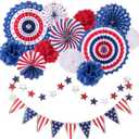 Whaline 4th of July Party Decorations Set, Patriotic USA Flag Pennant Bunting, Red White Blue Paper Fans, Star Garland Hanging Streamers, Tissue Pom Pom Flowers for Independence Day Decor, 14Pcs