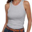 Roselux Women's Sleeveless Crew High Neck Fitted Tank Top Summer Ribbed Knit Slim Basic Cami Shirts (Gray, L)
