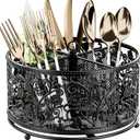 360 Rotating Utensil Caddy - Silverware Cutlery Caddy Holder with 4 Compartment, Metal Flatware Organizer Countertop with Handle for Party Camping Picnic, Kitchen Counter, Office (Black)