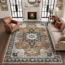 DEXI Washable Area Rug for Living Room 8x10, Vintage Farmhouse Soft Indoor Large Rugs, Stain Resistant Low Pile Carpet with Non Slip Backing for Dining Bedroom Office, Brown