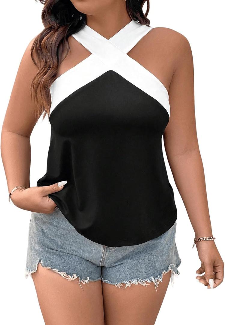 Floerns Women's Plus Size Criss Cross Tank Colorblock Sleeveless Halter Tops (XL)