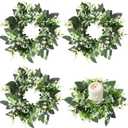 4 Pcs Eucalyptus Candle Ring 4 Inch Center Mini Kitchen Cabinet Wreaths Artificial Small Green Leaves Wreaths Garland Pillar Holder for Home Door Window Farmhouse Wedding Party Table Centerpiece Decor