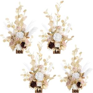 Ling's Moment 17.5" Tall Standing Artificial Flowers Arrangements 4 pcs Fall Wedding Aisle Runner Chair Decorations White Beige Centerpieces for Ceremony Reception Rose Floral Party Outdoor (Wht-white & Beige)