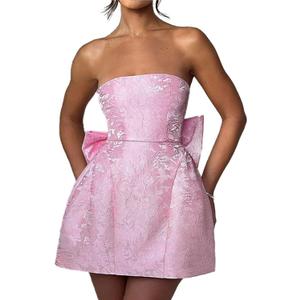 BNGD Women's Solid Color Bustier Backless Bow Dress Sexy Jacquard Strappy Mini Skirt (Small, Pink)