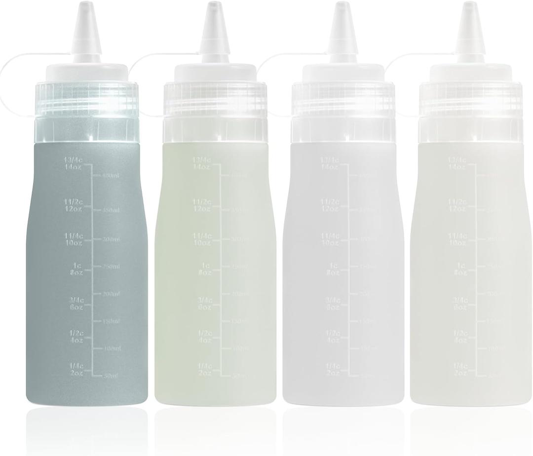 Condiment Squeeze Bottles, 16 oz Silicone Squeeze Bottles For Sauces, Leak Proof Condiment Containers with Extra Interchangeable lid, Easy Squeeze for Oil, Honey & Dressings, BPA FREE (4 Pack) (Grey)