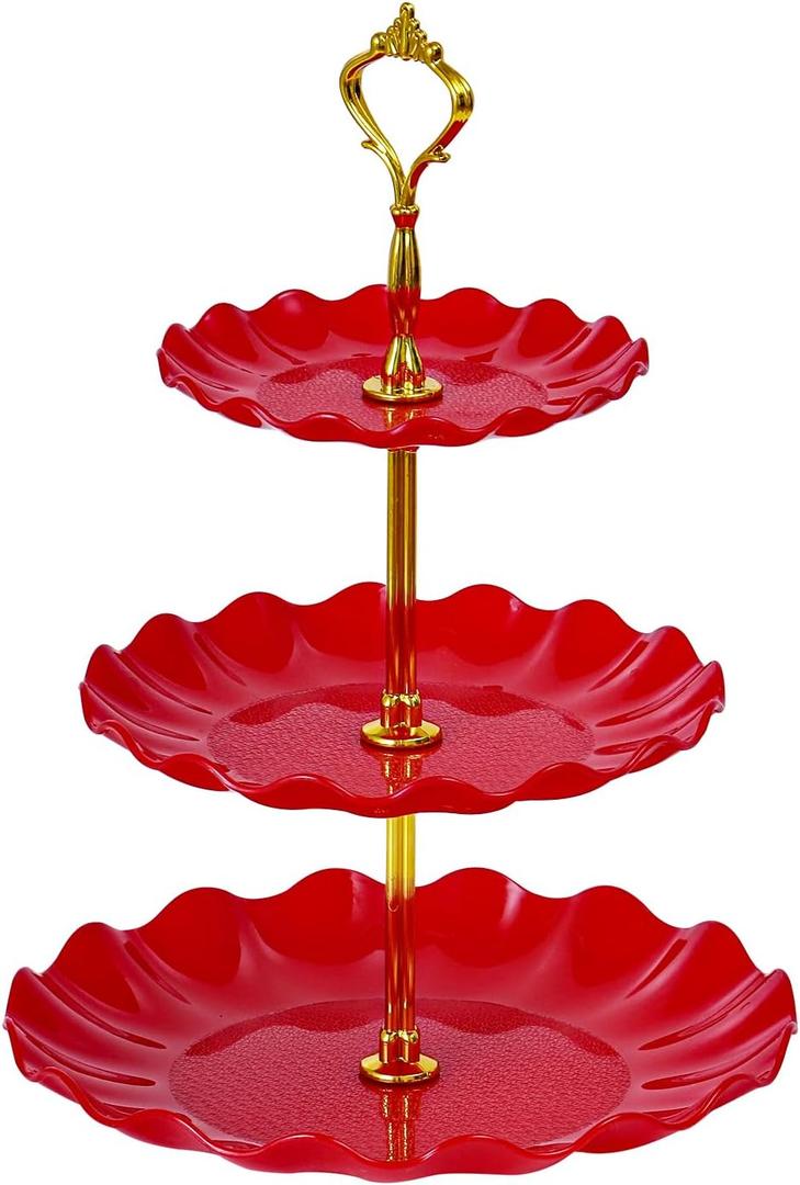 Soleebee 3-Tier Cupcake Stand, Wavy Plastic Tiered Serving Tray, Cup Cake Tower for Birthday Wedding Party Decoration, Cupcake Tier Stand Fruits Desserts Display (Red)