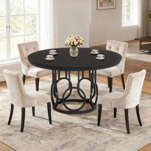 47-Inch Rustic Farmhouse Dining Table for 4, Solid Dark-Wood Round Kitchen Table, Large Dining Room Tables, O-Shape Base, Easy Assembly, for Dining Room, Caf, Apartment (Black)