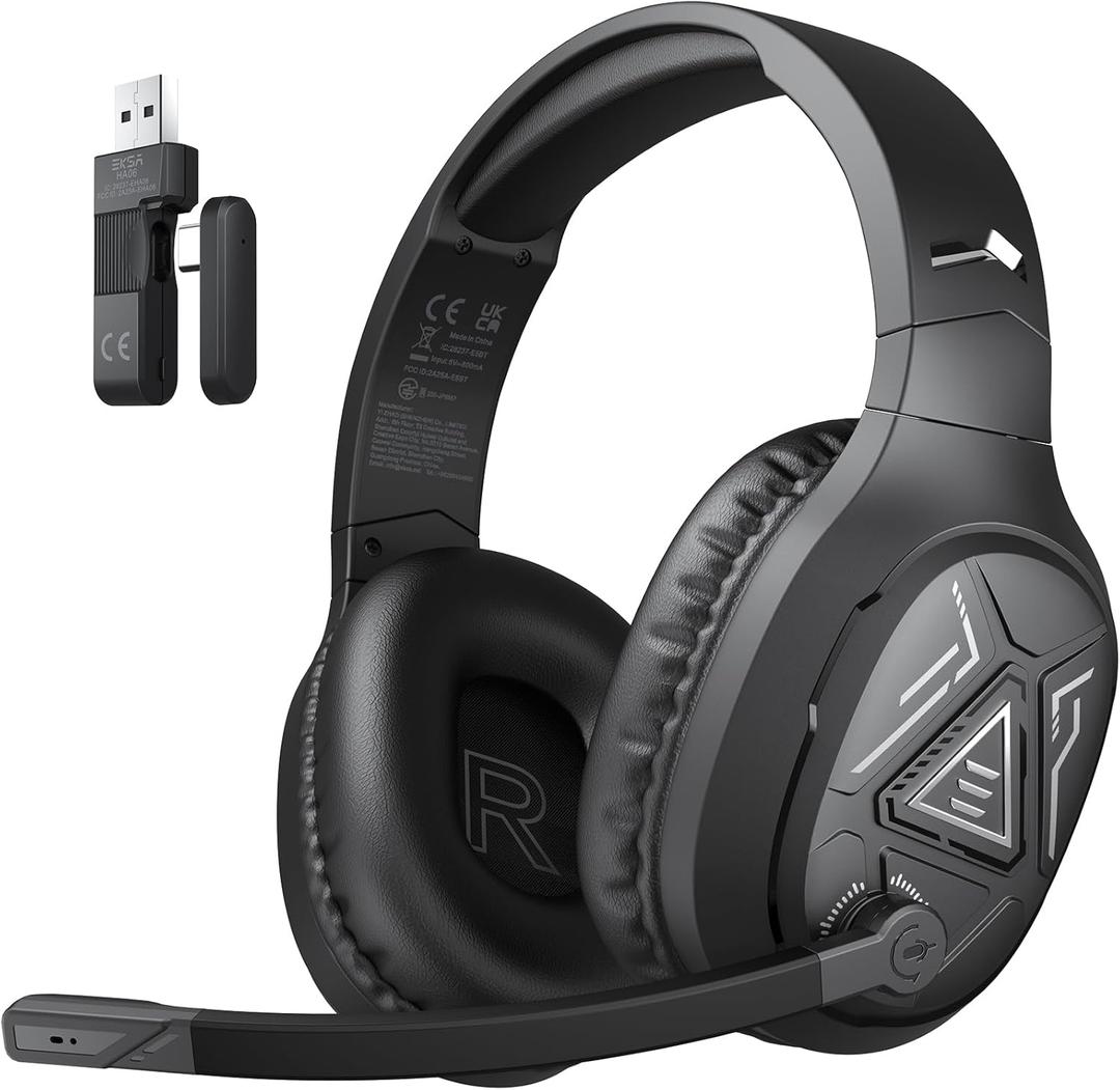 EKSA 2.4GHz Wireless Gaming Headset with Noise Canceling Microphone for PS5, PC, PS4 Bluetooth Gaming Headphones with USB & Type-C Connector, 52Hrs Battery PC Headset for Switch, Laptop, Mobile, Mac, Black