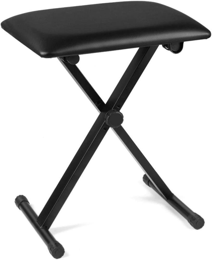 Flexzion Foldable Piano Bench - Adjustable Keyboard Bench Seat with Padded Cushion, X-Style Folding Musician Stool, Anti-Slip Feet, Portable Piano Chair for Keyboard, Practice & Performance, Black, Onesize