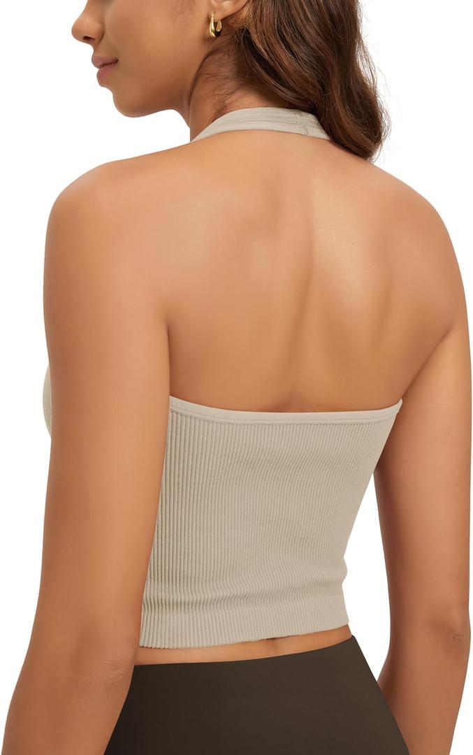 ODODOS Seamless Halter Crop Tops for Women Ribbed Soft V Neck Open Back Cropped Tank Top, 1-Pack, Mushroom, Medium-Large (L)