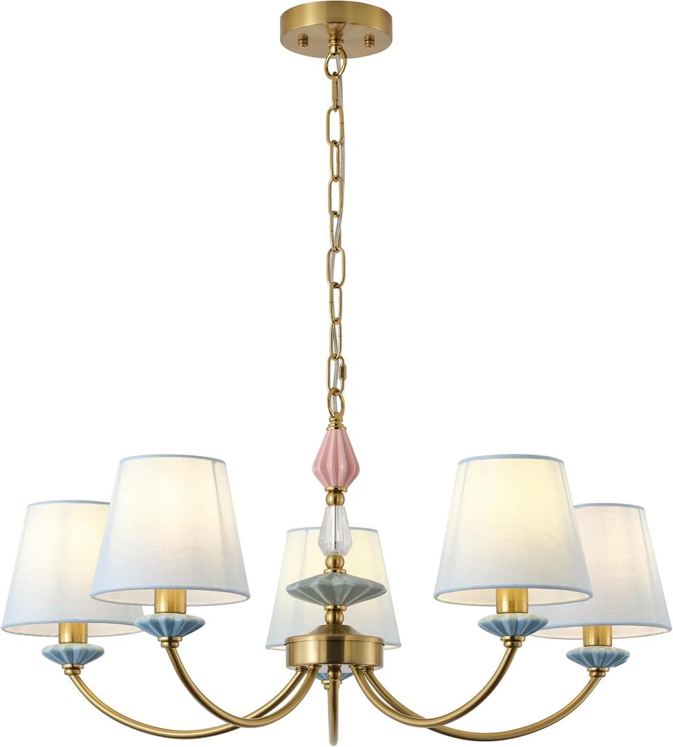 Blue Chandelier for Bedroom Light Fixture, Brushed Gold Art Deco Chandelier with Fabric Shade,Antique Modern Chandeliers paired with Ceramic for Girls Bedroom，Living Room，Dining Room, 28.4X 28.4 X63.4 Inches