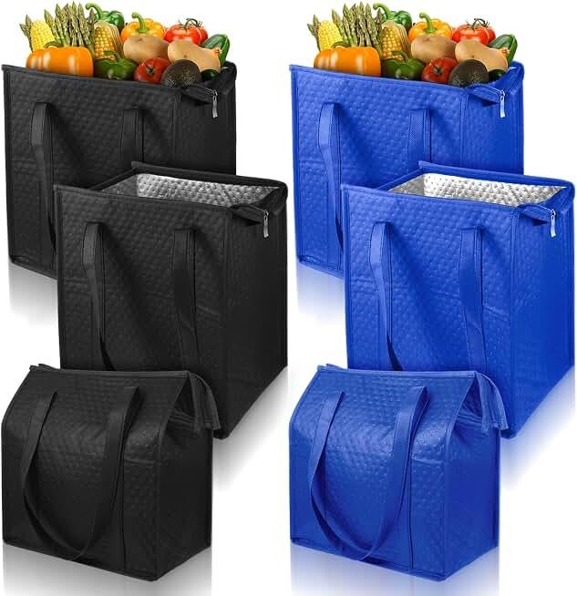 simarro 6Pcs Reusable Insulated Grocery Bags, Heavy Duty Large Insulated Shopping Bags For Groceries 13 x 12 x 7 inches Blue Black Cooler Bag Thermal Totes with Zipper for Groceries & Food Delivery