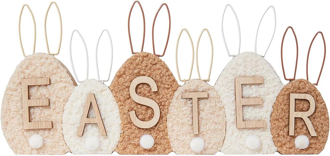 DN DECONATION Easter Decor SignWooden Egg-Shaped Bunny Tabletop Decor with Sherpa Cover Rustic Farmhouse Centerpiece for Table Mantel Shelf Home Office Spring Decorations