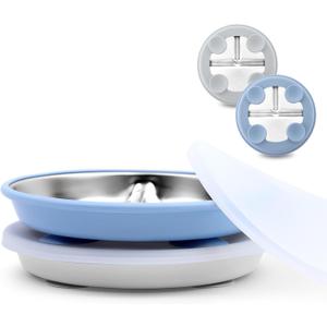 Stainless Steel Toddler Suction Plate with Lid, Deeper 9" Divided Plates with Removable Silicone Sleeves for Kids, Non Toxic & BPA Free | Unbreakable Baby Snack Dishes Set of 2, Blue & Gray