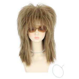 yuehong Long Light Brown Women Wig Mullet Wig 70s 80s Rocker Wig Heavy Metal Style Cosplay Costume Wig with Necklace