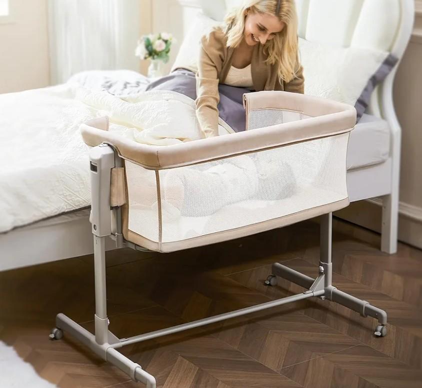 Baby Bassinet Bedside Sleeper, 3-in-1 Rocking Bassinet with Wheels, 6-Height Adjustable Crib with Breathable Mesh, Soft Mattress for Newborns & Infants
