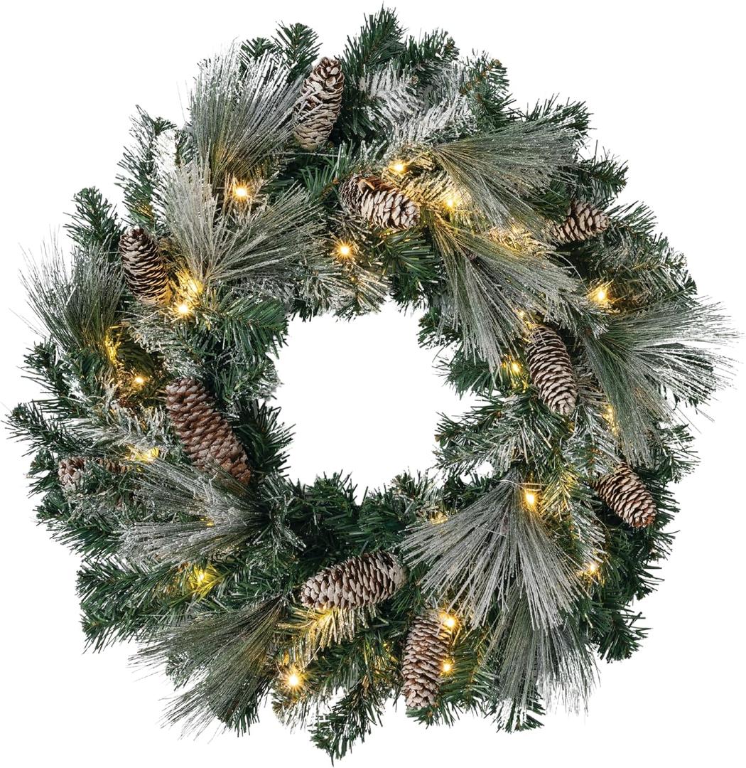 Sullivans Prelit 24 Christmas Wreath, Flocked Door Wreath with Lights Christmas Dcor, Lighted Pine Wreaths Decoration, Pinecones, Gold Accents, and Battery Timer