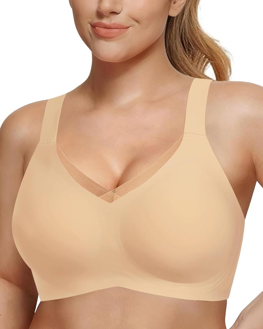 Comfortable Wireless Bras for Women Seamless Padded Push Up No Show Bra with Support (Brown, L)