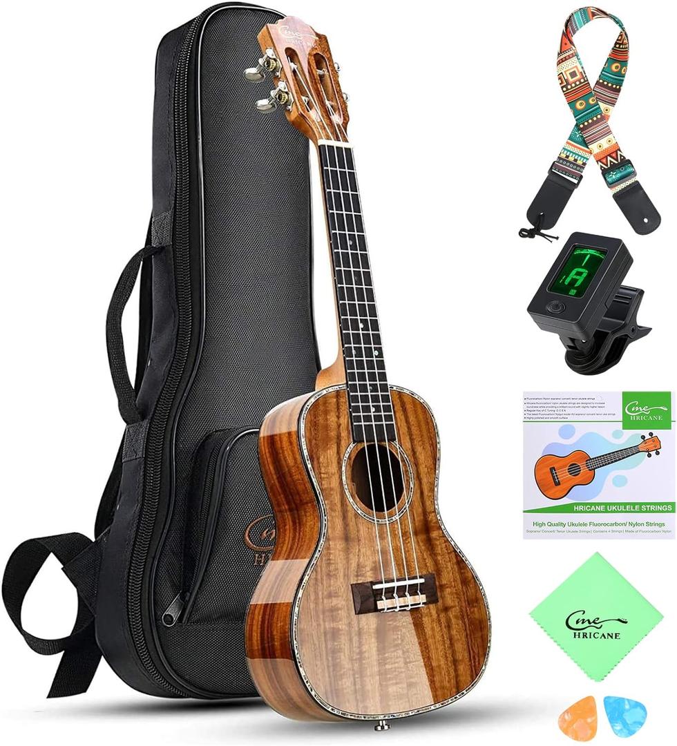 Hricane Professional Concert Ukulele 23 Inch for Adults, Koa Acacia Solid Wood Ukelele Beginners Kit Glossy Satin Finished Body with Gig Bag Tuner Strap Strings Set Pick (Koa Glossy)