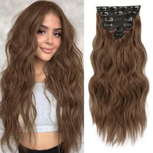 NAYOO Clip in Hair Extensions for Women 20 Inch Long Wavy Curly Chestnut Brown Hairpieces Full Head Synthetic Hair Hairpieces(6PCS,Chestnut Brown)