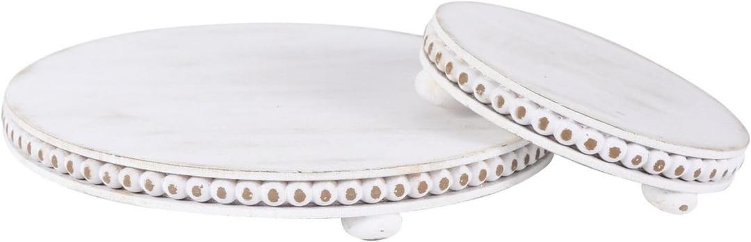 2 Pcs Wood Risers For Decor Beaded Wooden Pedestal Stand for Kitchen Counter Rustic Risers For Display Decorative Farmhouse Home Decorations Round Distressed White
