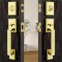 Moquin Double Front Door Lock Set, Polished Brass Square Front Door Hardware Set with Dummy, Heavy Duty Door Handle with Deadbolt, Double Entry Door Lock Set with Reversible Handle
