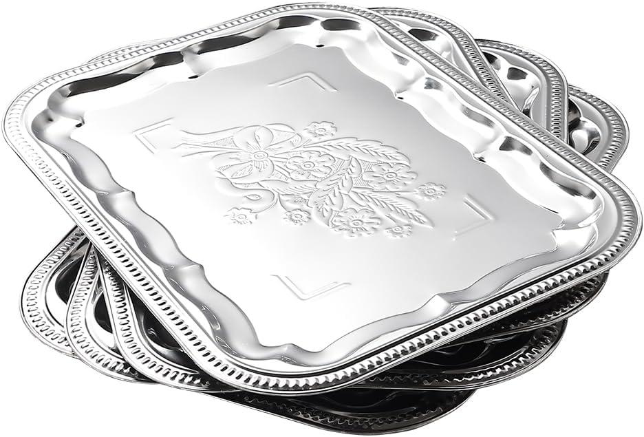 4-Pack 15.7" x 11.8" Large Silver Serving Trays for Party Set - Floral Engraved Serving Platters, Wedding Birthday Mirror Tray for Christmas, Food, Appetizer, Charcuterie, Cookies, Desserts