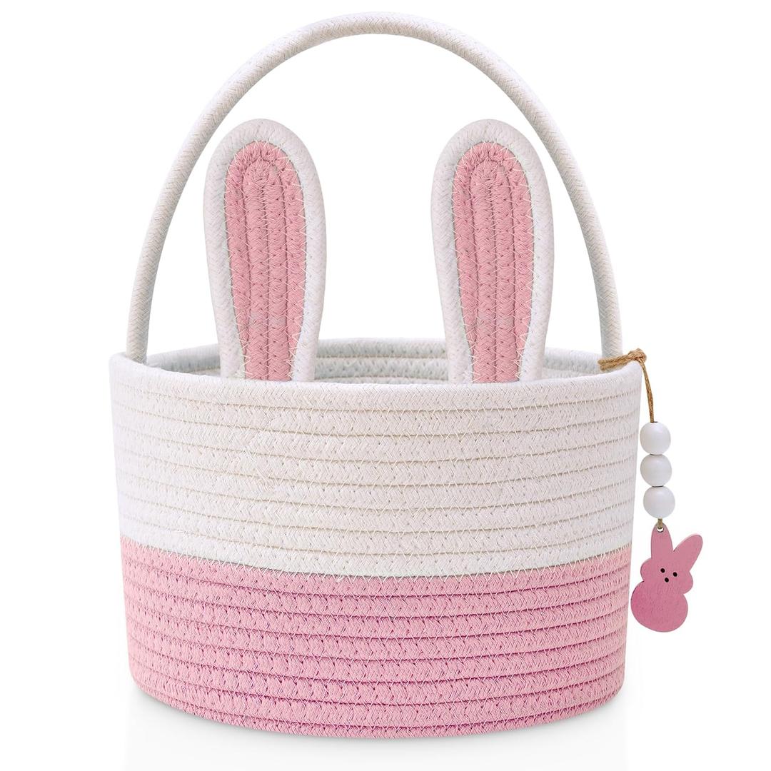 Easter Baskets for Kids, Pink Small Woven Rope Bunny Personalized Easter Basket Empty with Handle, Basket Name Tag, Baby Egg Easter Baskets for Girls Boys Toddler Babies Infant, 9" x 9" x 6.3", Pink, Small