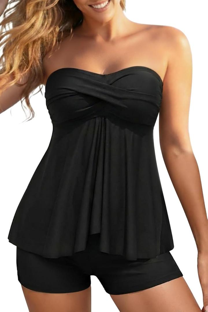 Women Strapless Tankini Swimsuits - 2 Piece Halter Bathing Suit Bandeau Flyaway Top with High Waist Swim Shorts, L