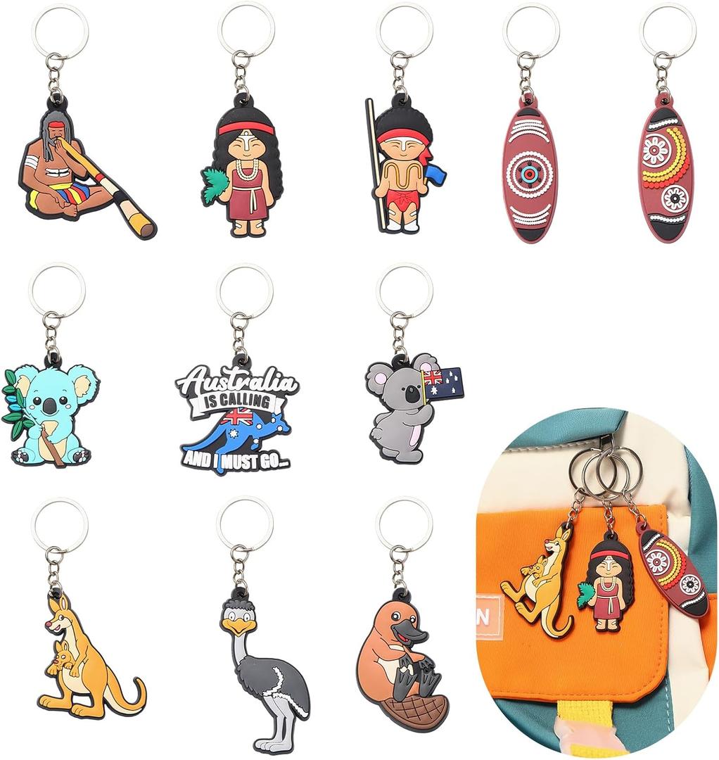 Set of 11 Australian Keychain Keyring, Cute Animal Silicone Keyring Key Chain, Key Accessories for Kid Boy Girl Party Favors Gift