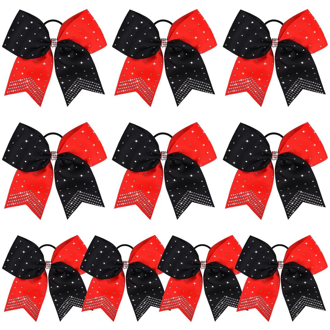 DEEKA 10 PCS Rhinestones Two Toned Large Cheer Hair Bows 7" Glitter Cheer Ponytail Holder Handmade for Teen Girls Softball Cheerleader Sports -Red/Black (1 Count (Pack of 10), Red/Black(Pack of 10))