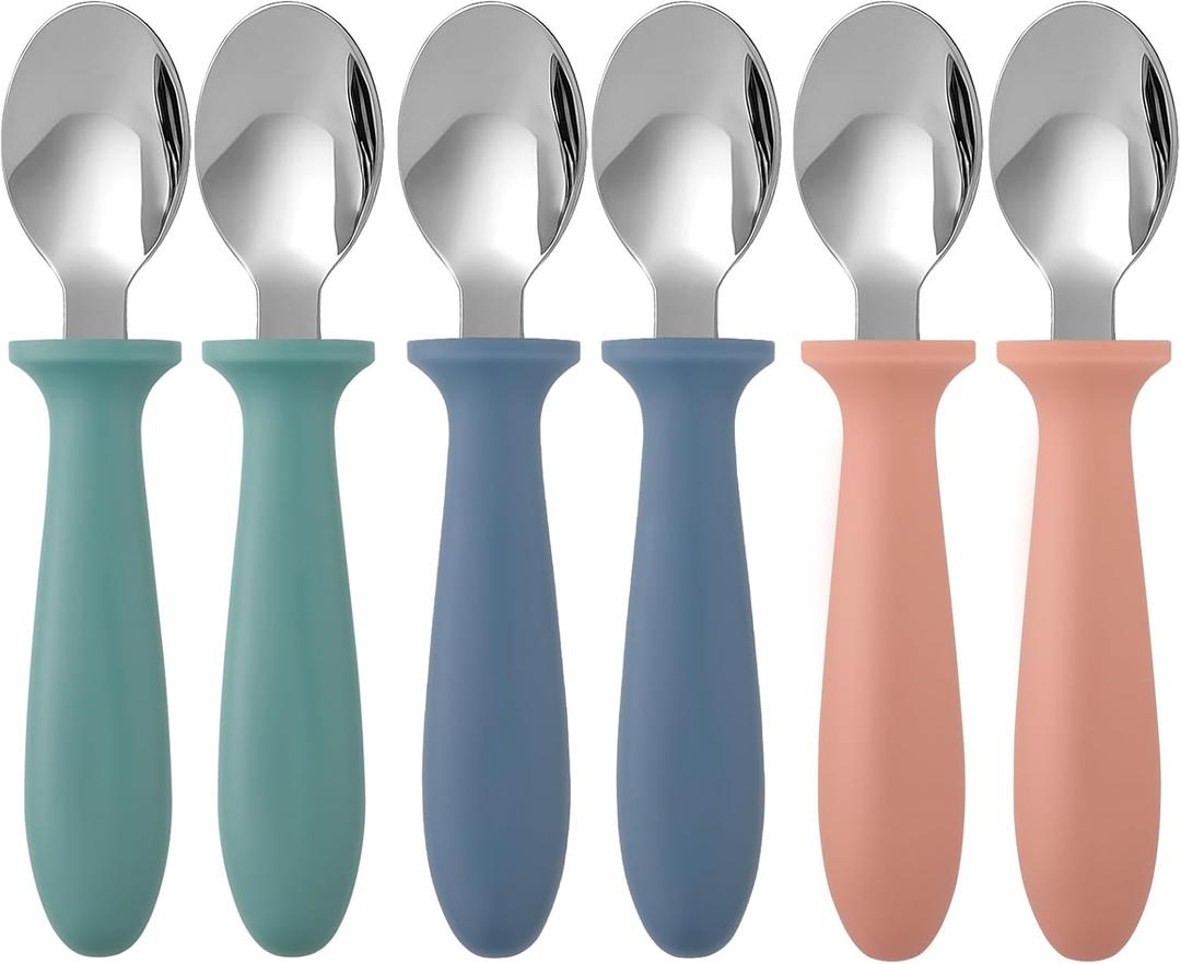 Pimoys 6-Pack Stainless Steel Toddler Spoons Baby & Kids Utensils for Self-Feeding Plastic Handle Dishwasher Safe