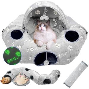 Cat Tunnel Bed, Cat Tunnels for Indoor Cats, Cat Donut Tunnel Toy with Washable Circle Cushion, Straight Shaped Tunnel, 4 Fluffy Balls, Blackout Tent, Self-Luminous Cat Toys, Grey