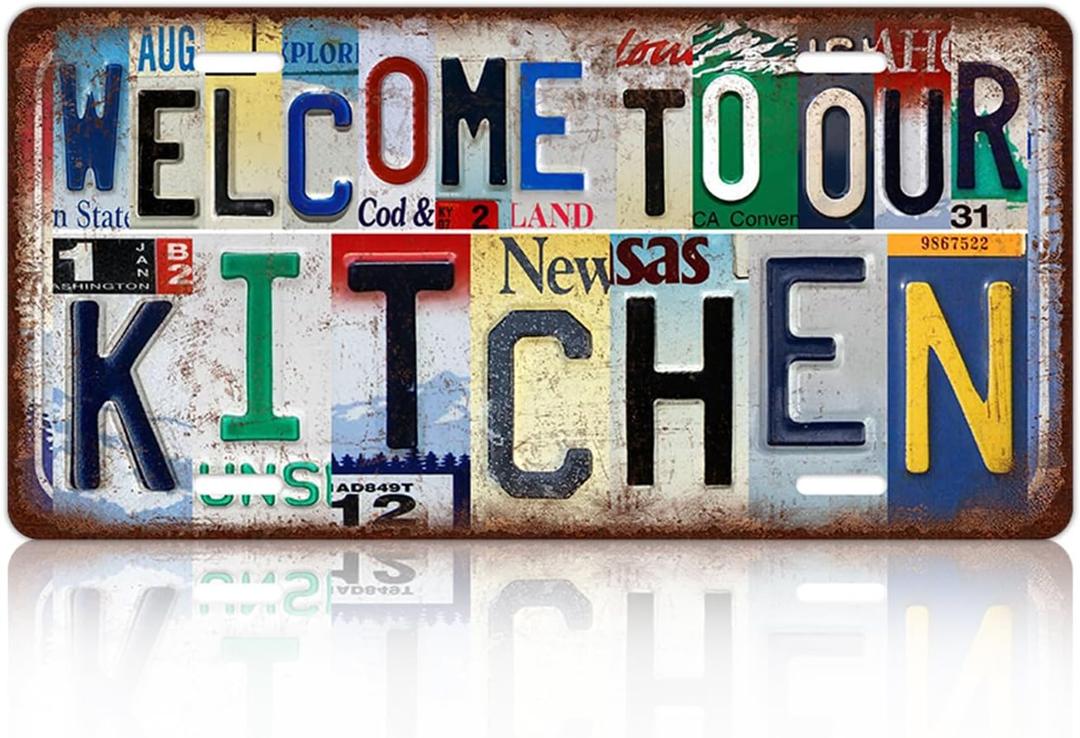 Vintage Welcome To Our Kitchen License plate Wall Decor Metal Sign Tin Signs (11.8L" x 5.9W")