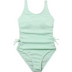 Milumia Girl's One Piece Ribbed Knit Swimsuit Ruched Knot Scoop Neck Bathing Suit Z Mint Green 11-12 Years