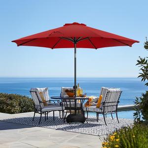 wikiwiki 9FT Patio Umbrella with Base, Outdoor Umbrellas with Base Included, 8 Sturdy Ribs, Waterproof Fade Resistant POLYESTER DTY Canopy for Deck, Lawn, Garden, Backyard & Pool, Red