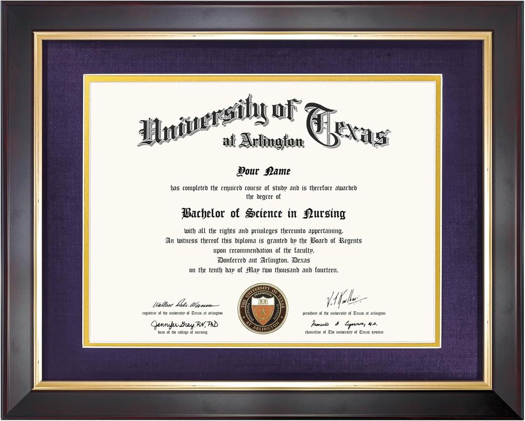 GMFrames 8.5x11 Wood Diploma Frame with Purple Mat or Display 11x14 Certificates without Mat,Tempered Glass,Deep Brown Finish with Gold Trim