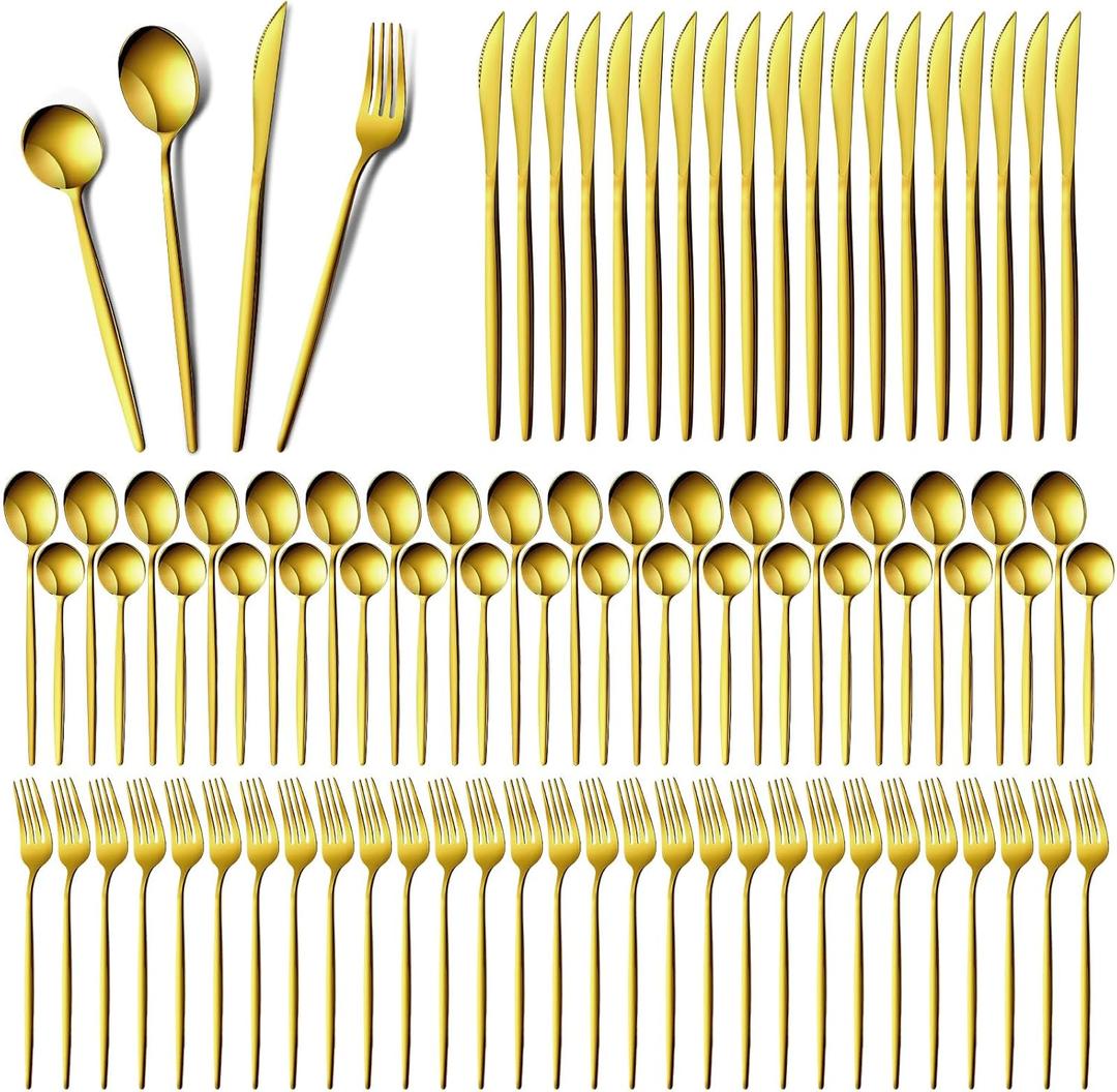 Yaomiao 400 Pcs Gold Silverware Set with Knives Spoons and Forks Portable Stainless Steel Flatware Reusable Utensils Dishwasher Safe Cutlery for Kitchen Restaurant Service