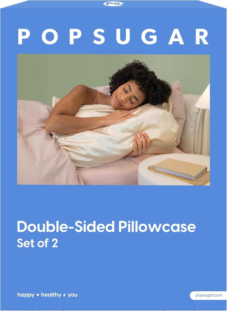 POPSUGAR Satin and Terry Cloth Double-Sided Pillowcase for Anti-frizz and Cooling, Standard Size Set of 2, for Hair and Skin, Queen and King, 20in x 26in