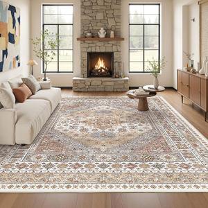 Washable Rugs 8x10 Area Rugs for Living Room, Non-Slip Backing Large Rug for Nursery Room, Vintage Floral Bedroom Rugs, Thin Indoor Home Decor Soft Farmhouse Rug (Orange,8'x10')