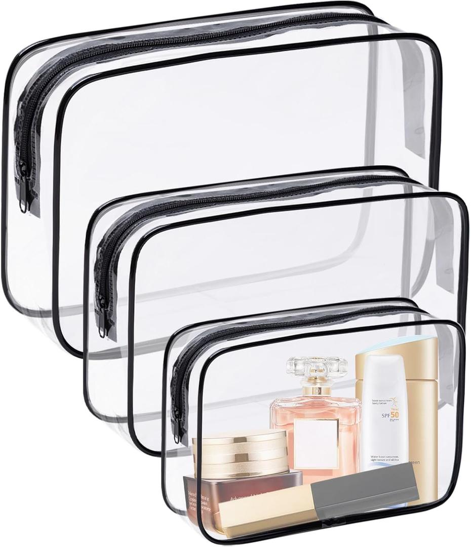 3 Pack Clear Cosmetic Bag, Waterproof Toiletry Bag with Zipper, Transparent Travel Makeup Bags, TSA Approved Clear Organizer Bags, PVC Cosmetic Pouch Case for Vacation Airport Airline Compliant (Multisize, Black)