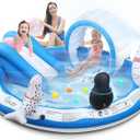 Inflatable Play Center, EVAJOY Kiddie Pool with Slide for Children, Sprinkler, Ice & Snow Theme with Inflatable Dolls, Easy Setup for Garden, Backyard, Indoor Usage (72''x68''x8.5'')