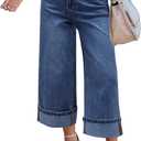 GRAPENT Wide Leg Jeans for Women High Waisted Stretchy Denim Crop Pants Fold Hem Cropped Baggy Jeans with Pockets (XX-Large, Reef Blue)