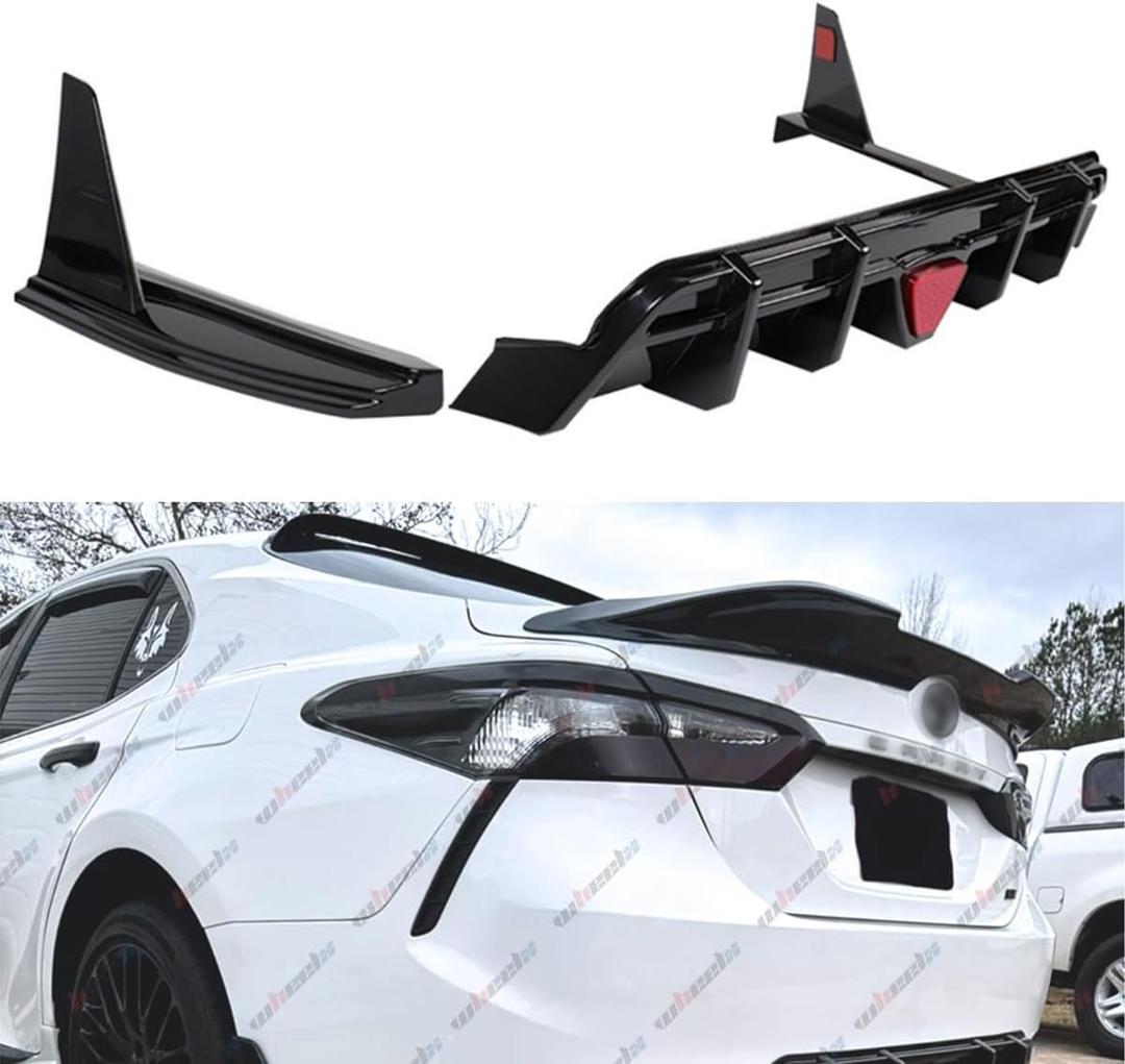 3pcs Rear Diffuser with Led Red Brake Light Compatible with 2018-2024 Toyota Camry SE XSE, with Corner Winglet Bumper Splitter Extension Fit for 2018 2019 2020 2021 2022 2023 (Glossy Black)