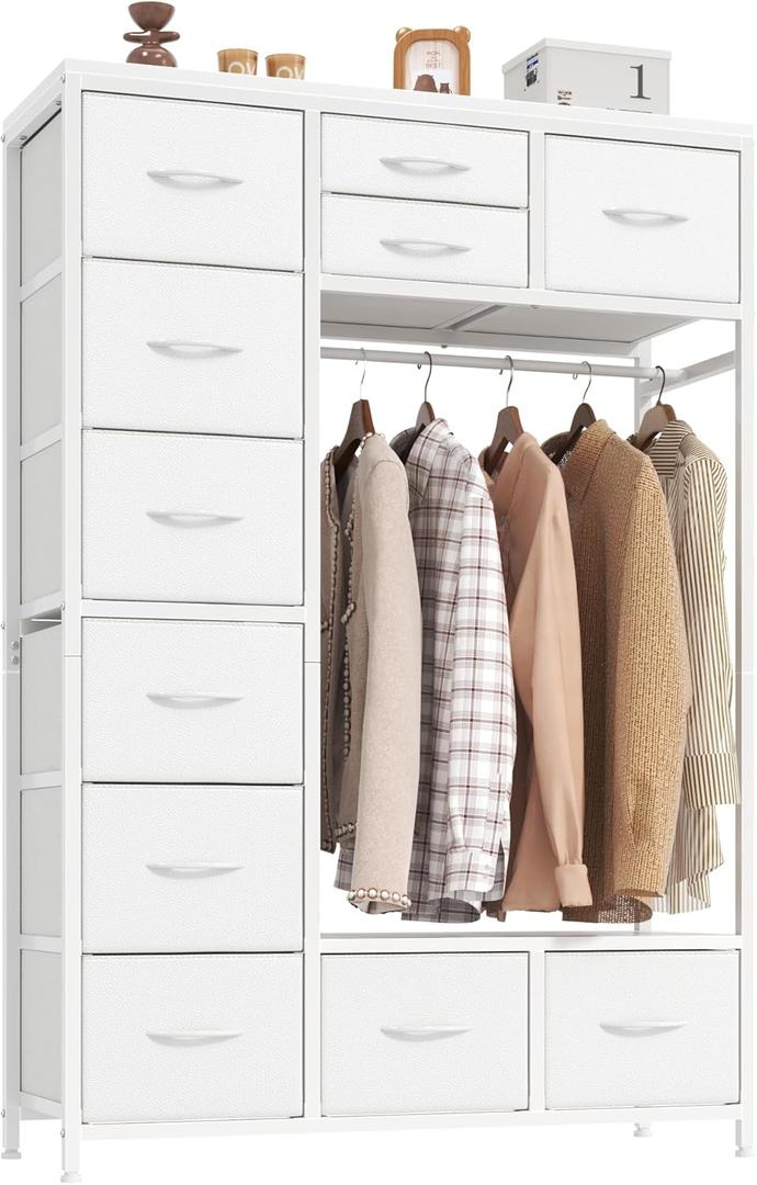 54.6" Tall 2-in-1 Dresser with Hanging Rack, 11 Drawers Bedroom Dresser for Closet, TV Stand Dressers with Clothes Rack, Chest of Drawers with Wooden Top for Living Room, Kids Room, White