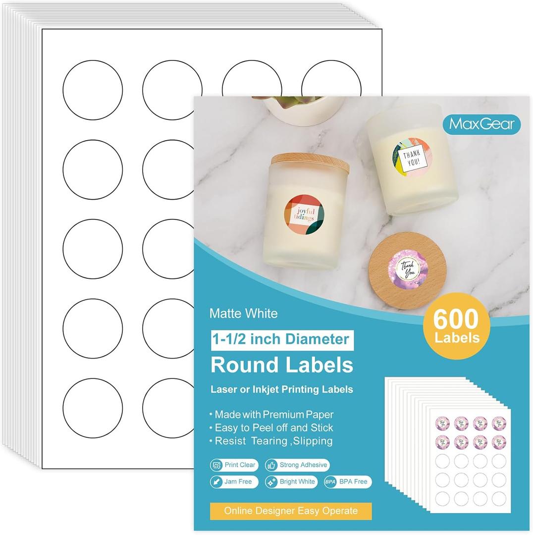 2 x MaxGear 1.5" Round Sticker Labels, for Inkjet or Laser Printer, Matte White Printable Labels Sheets, Strong Adhesive, Dries Quickly, Holds Ink Well, 30 Sheets, 600 Pcs