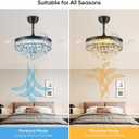 42'' Chandelier Ceiling Fan with Lights, Retractable Fan with Remote and APP, Crystal Fandelier Ceiling Fan, Dimmable LED, Reversible Motor, Quiet for Bedroom Living Room-Black