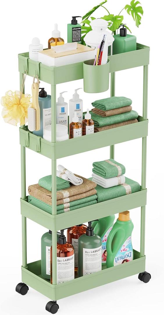LEHOM Slim Rolling Storage Cart - 4 Tiers Bathroom Organizer Utility Cart Slide Out Storage Shelves Mobile Shelving Unit for Kitchen, Bedroom, Office, Laundry Room, Small Narrow Spaces, Green (7.1"W x 15"D x 36"H, Light Bean Green)