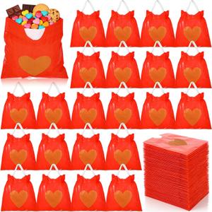 ForraFun 120 Pcs Valentines Goodie Bags Bulk Heart Drawstring Treat Candy Gift Bags with Handles Plastic Small Snacks Cookies Party Favors Pouch for Valentines Exchange Gift Holiday Birthday Supplies